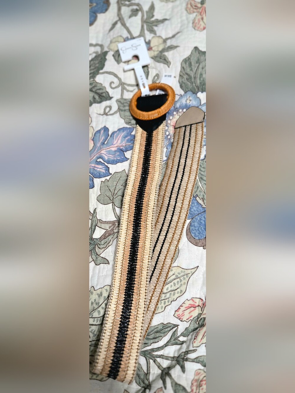 Jessica Simpson Beige, Black & Tan Woven Elastic Belt with Round Tan Buckle